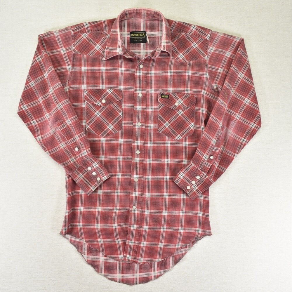Vintage Maverick USA Made Pearl Snap Western Plaid Shirt Long Tail Small 14.5 32